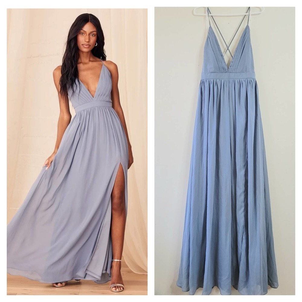 LULU'S Ballroom Bliss Dusty Blue Dress Pleated Maxi Dress size Large